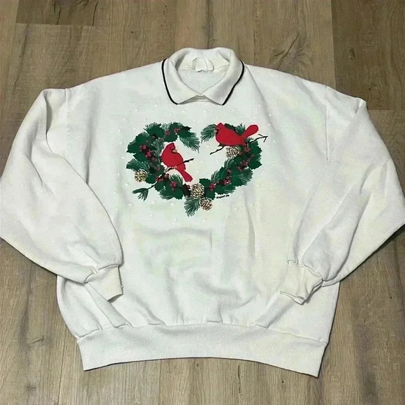 pegigoff Sweaters - 1995 vintage white collard Cardinal wreath holiday Christmas sweatshirt size XL